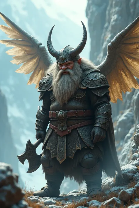 A dwarf viking, of fairy race with an axe and armor and a horned helmet and scary and with fairy wings