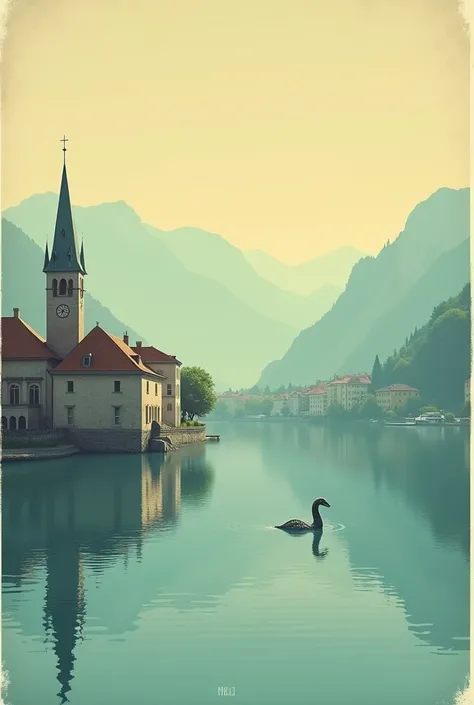 affiche ou poster vintage et rétro, ville dAnnecy au bord du lac au premier plan, atmosphère brumeuse, tons de couleurs pastel doux, petite silhouette du monstre du Loch Ness et son reflet sur le lac dissimulé, lumière du petit matin, ne pas mettre décritu...