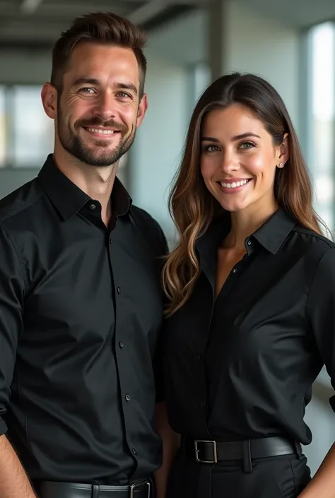 Man and woman employees with black shirt half body, man and woman who are american 