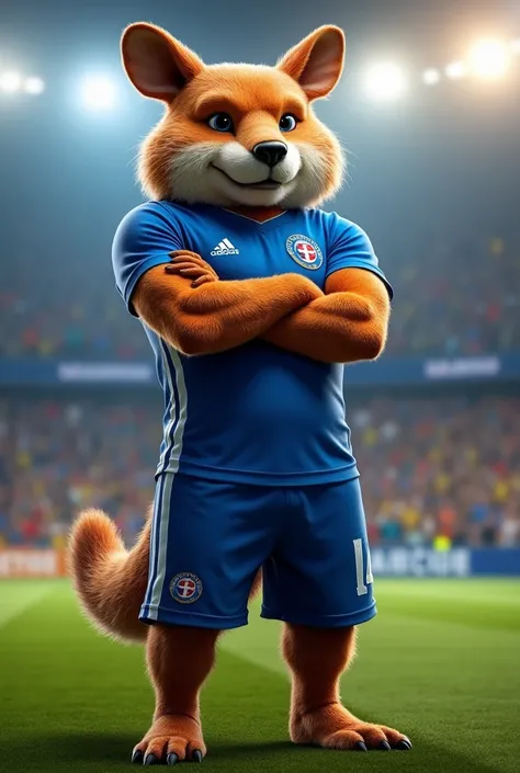 Design a dynamic and fierce capivara mascot for Cruzeiro Esporte Clube, blending the animal’s natural charm with the strength and spirit of Brazilian football. The capivara stands on two legs, wearing a Cruzeiro jersey in the teams iconic blue, with the wh...