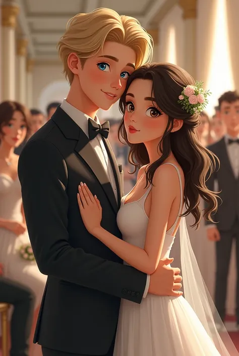 A slightly white girl with dark brown eyes, medium short but not too short brown hair  , with his blonde partner , high,  with blue eyes, and your skin color should be whiter and at a wedding    