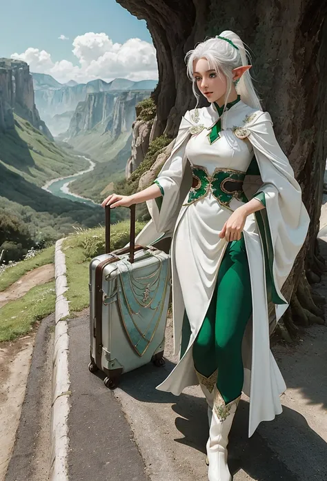 A graceful elf with emerald green eyes and white hair styled in two ponytails strolls through a breathtaking valley. She wears a short white dress and a matching cloak adorned with golden details, paired with black leggings and brown boots. With a brown su...