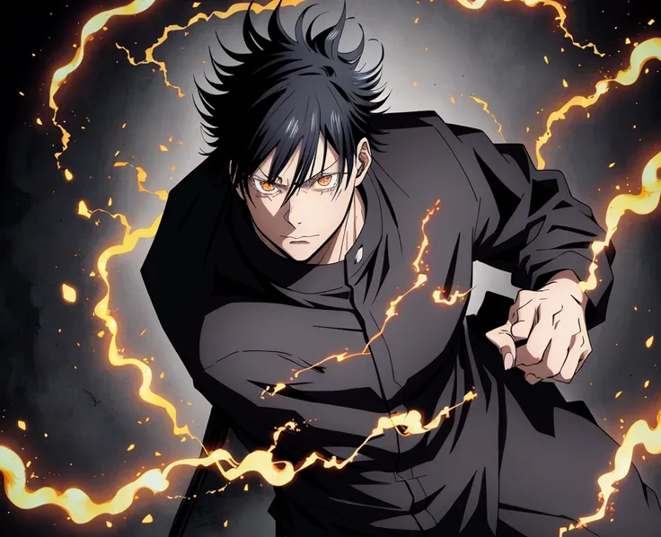 naughty man, Bblack hair, bright amber eyes, feiticeiro jujutsu kaisen, struggling pose, amber colored energy powers.