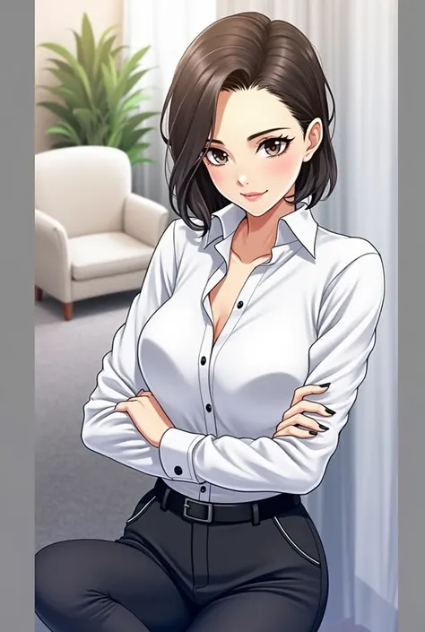 medium short hair. Light black eyes, deep and energetic.. He wears a black office suit with black trousers and black everyday shoes., In the background a living room with a comfortable armchair is at night, With big breasts and a beautiful figure and with ...