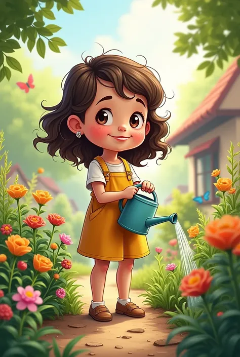 Cartoon of a girl watering 
