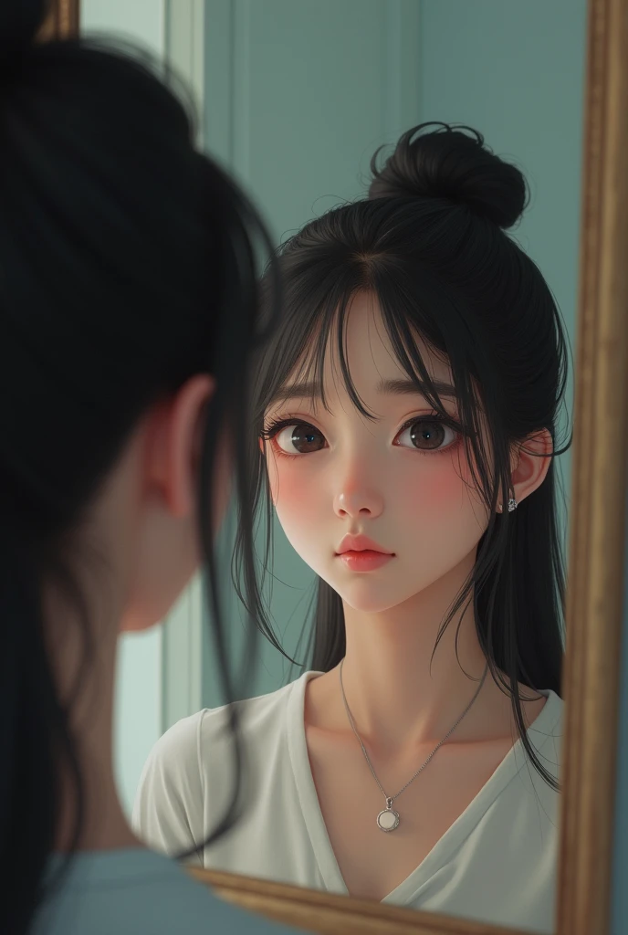 a teenage woman with black hair tied back in a bun her reflection in a mirror, with a thoughtful expression, realistic image
