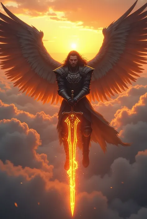 Winged warrior above the clouds holding a sword of fire