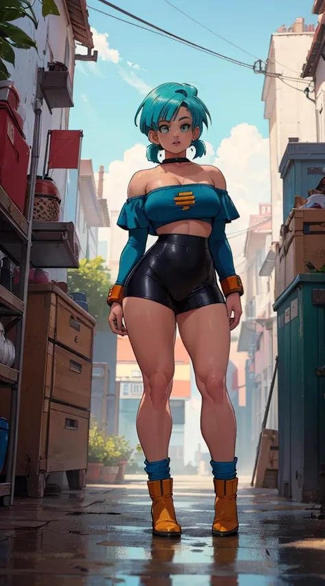 ((high detailed, best quality, 4k, masterpiece, hd:1.3)), ((best quality)), (((HD))), (((8k))), (ultraDH), (ultra HD), Bulma, long curly turqoise hair, european skin tone, blue colored eyes, small breasts, dragon ball z color scheme, wearing tight saiyan a...