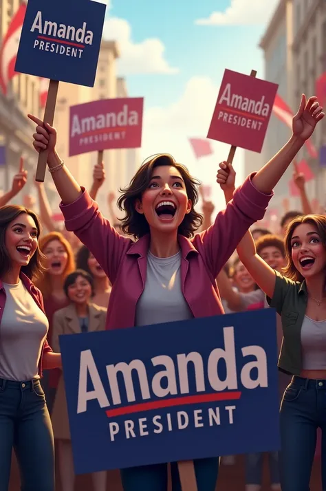 A bunch of happy people with a sign that says: "
"Amanda President"