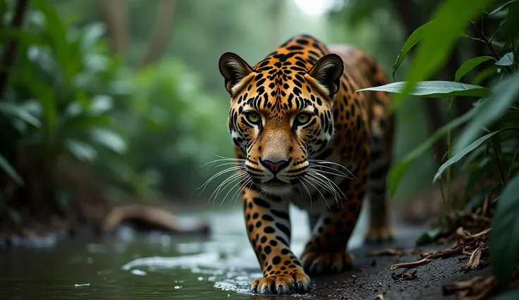 A close-up of a jaguar prowling along the riverbank of the Amazon River, partially hidden among dense foliage. The scene should capture the animal’s intense gaze and muscular build, emphasizing its role as a predator in the jungle environment. The image sh...