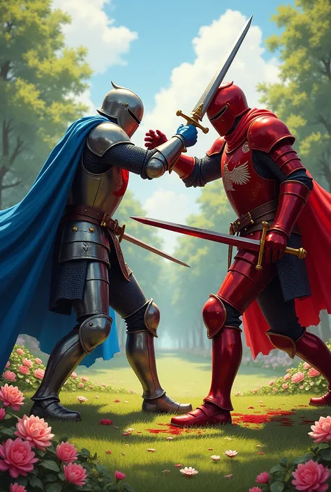 Create two knights in a duel coverd with Blood in a lawn with flowers, One has the armor Blue with some decorations the other has the armor Red with an eagle