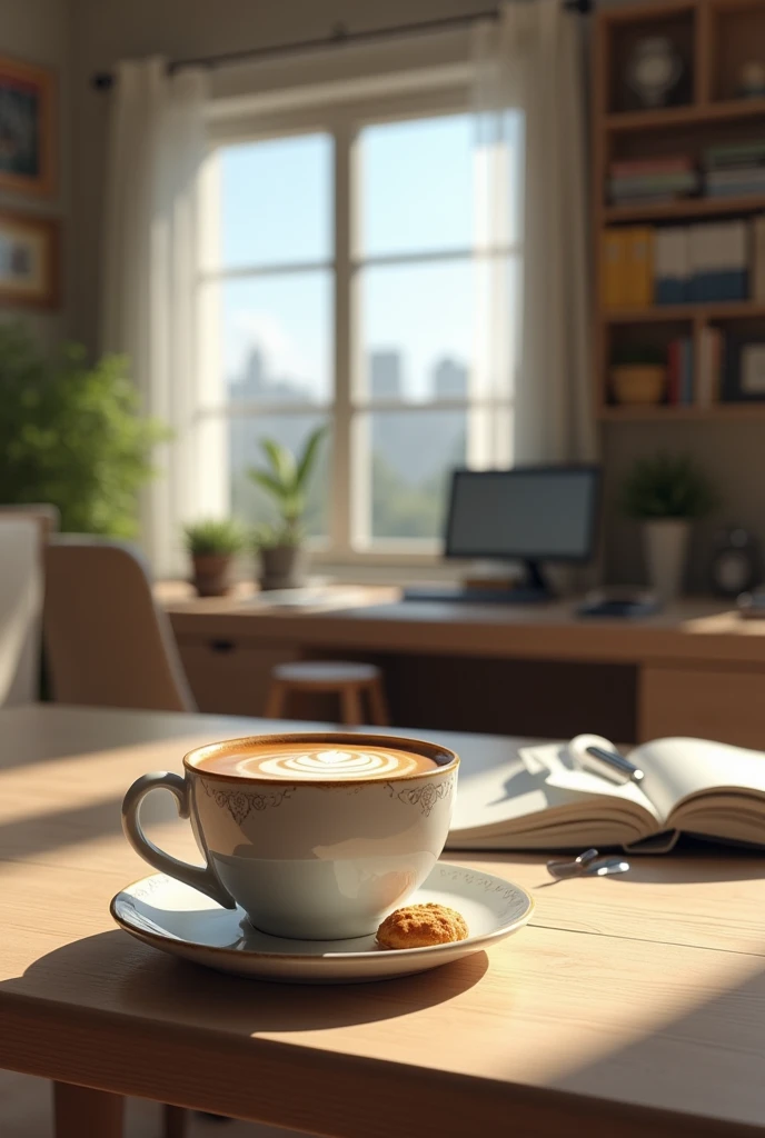 Create an office with a coffee on the table In front 