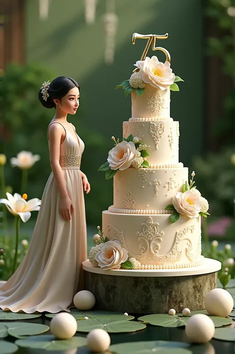 A luxurious cake for mom&#39;s 75th birthday.  The elegantly dressed mother, from beside, Garden , many peace lilies, some white balls, 