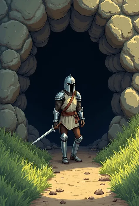 A medieval warrior entering a cave, with light armor and a sword, with full helmet, in a simple fantasy drawing style. The background has a simple shadow texture. The soil is a simple mix of green grass and dirt., without complex details.