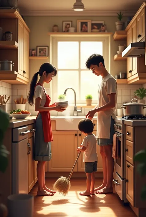 Make a realistic picture of a mom washing dishes, At the same time, the father is cooking and the children are sweeping the house.