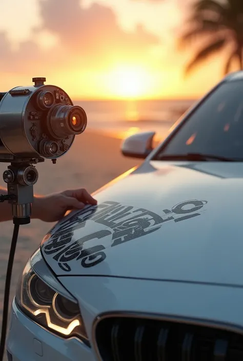 application of Police stickers, white car, gyroscope on, very detailed, masterpiece, UHD, 8K, sharp focus, studio photo, intricate details, highly detailed, ultra realistic on the beach with the sun rising behind her