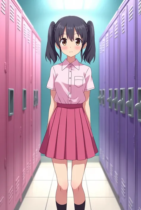 School girl uniform in a locker color pink