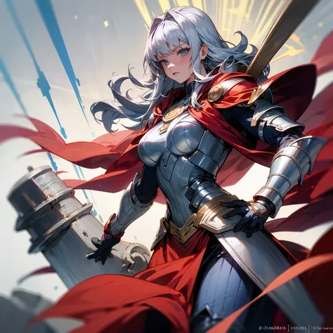 Create an anime character similar to Lady Thor with a red cape, silver armor, silver gloves with thor&#39;s hammer and blonde hair
