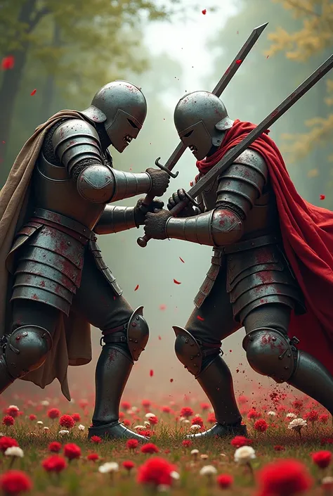 Create two knights in a duel coverd with Blood in a lawn with flowers, One has the armor broken the other has no more the helmet