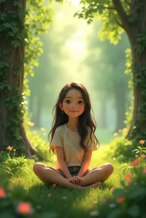 A girl sits smiling in the forest.