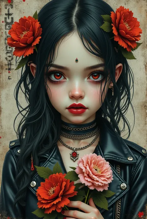 a close up of a mexican vampire young girl holding a bird and flowers, dollpunk, industrialpunk papier - colle, decopunk, postpunk, sailpunk, angelic pretty, punk , cd cover artwork, islandpunk, punk party, punk girl, punk!!!, deathpunk, punk art, punk sty...