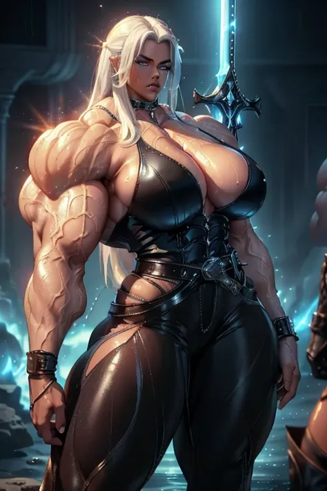 ((Close-up)), tall, ((wet White hair)) beautiful muscular woman, long straight hair, (sparkly sweating brown skinned), closed smile, huge breast, (black lipstick), (massive muscles), (hyper muscle), (((ginormous bulky muscles))), ((glowing blue eyes)), ((b...