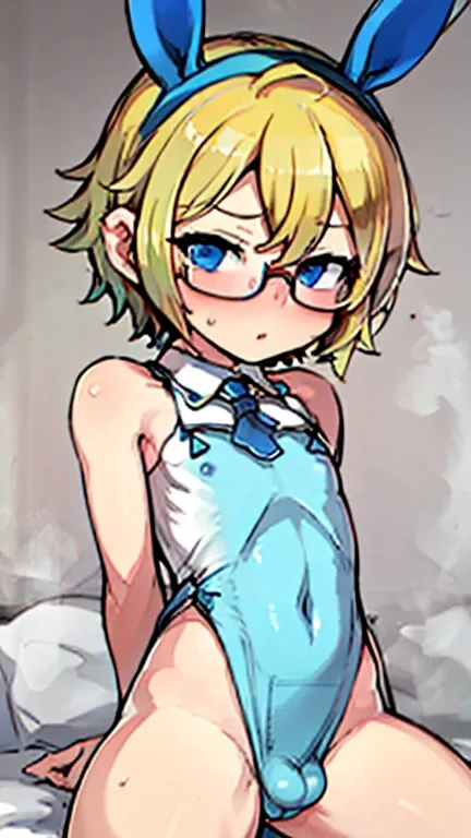 Very Embarrassed Femboy with short blonde hair, blue eyes, glasses, small penis, and flat chest masturbating