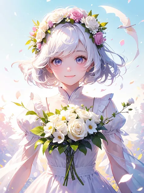 (masterpiece、Highest quality、Highest quality、Beautiful and beautiful:1.2)、(Perfect Anatomy:1.2)、Milky white straight hair girl、Flower Fairy、White costume、A radiant smile、Sparkling eyes、Looking into the camera、Flowers and leaves on head、Roses、Rosesに包まれて