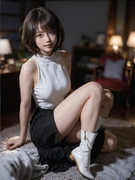 (masterpiece, Highest quality,high resolution), ((One person, Adult women,Sexy,smile,alone, short Hair)), Ishmael_edge, Beautiful Skin, Beautiful breasts,Bare arms, Beautiful feet,Exposing shoulders, Knitted mini skirt,one piece,High neck,Knee-high boots,D...