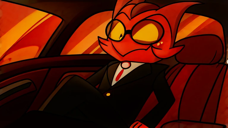 parked car and on board is an Imp wearing a black suit and black glasses on board, looking to the side