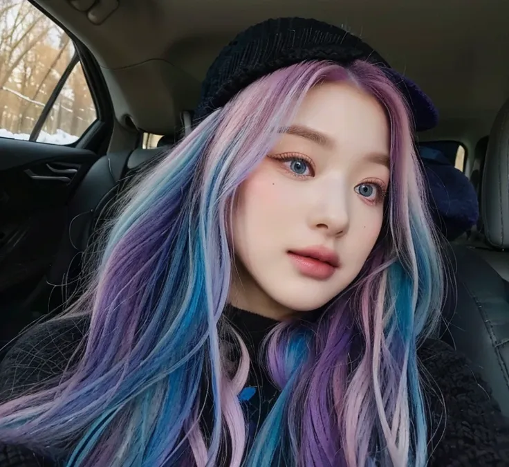 long, wavy, multicolored hair (rosa, blue, purple), black hat, sitting in a auto, natural lighting, cozy atmosphere, casual cont...