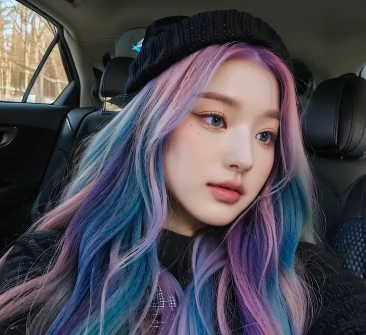 long, wavy, multicolored hair (rosa, blue, purple), black hat, sitting in a auto, natural lighting, cozy atmosphere, casual cont...