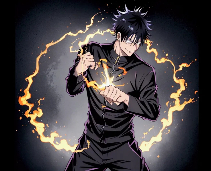 naughty man, Bblack hair, bright amber eyes,Jujutsu Kaisen Winter Sweatpants, long sleeved shirt, feiticeiro jujutsu kaisen, struggling pose, amber colored energy powers. strong physique, smiling.