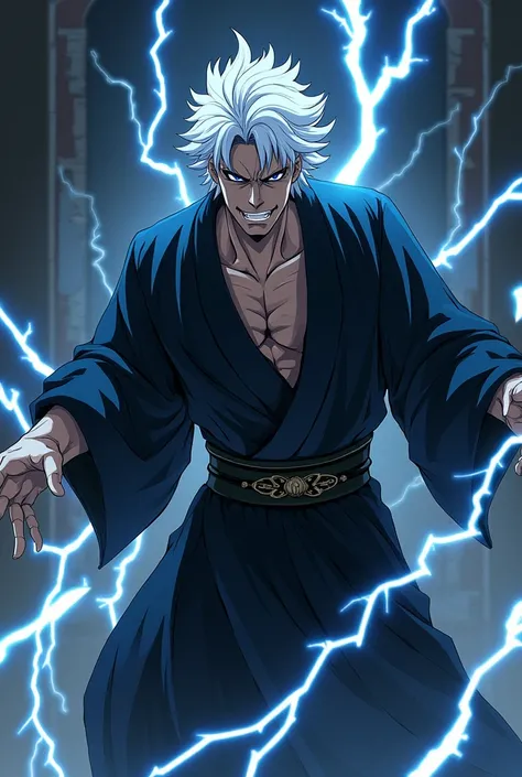 anime styling:  adult man, 24 years, medium white hair, lightning power, kimono black, weak, eyes black, sadistic expression 