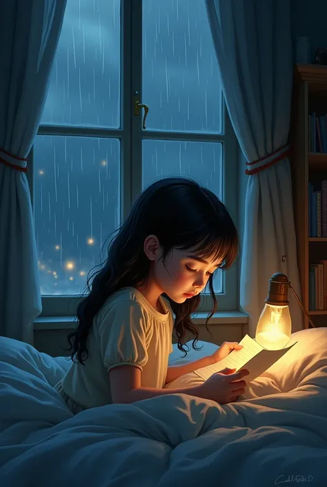 Disney pixar illustration, a rainy night, A girl reads a letter in her room, Through the window you can see the rain, She is sad