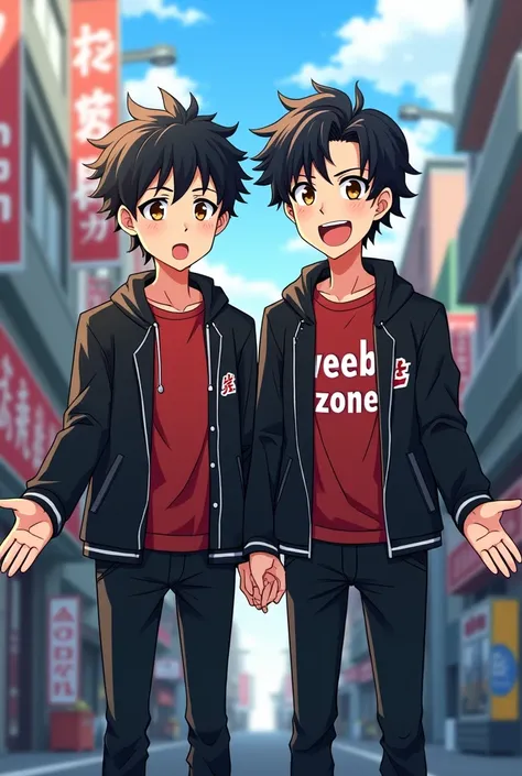 Anime cartoon, 2 man, full body, one meter and sixty-eight tall, black wavy hair, failed beard, light brown eyes, black jacket, writing "WEEB ZONE", red shirt underneath, black pants, open arms, in a Japanese city in the background