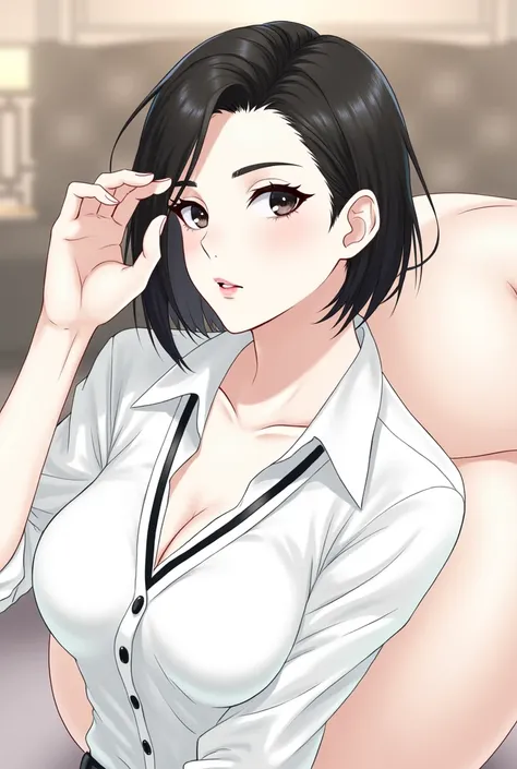 medium short dark black hair. Light black eyes, deep and energetic.. He is wearing a black button-down jacket, revealing his white shirt, black trousers and black everyday shoes., en the background a living room is at night, With big breasts and a beautifu...