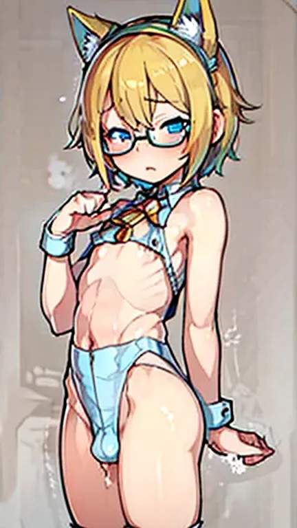 Very Embarrassed Femboy with short blonde hair, blue eyes, glasses, small penis, and flat chest masturbating with eyes closed