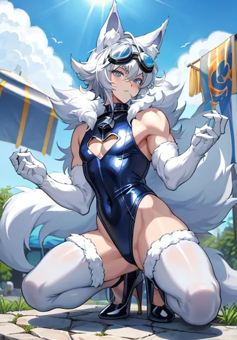 Furry，wolf boy，White fur，crystal blue eyes，Single fluffy tail，greyt hair，short detailed hair，summer day，Wear diving goggles，masculine features，squat，asshole，Bulge，Sexy latex swimsuit，stirrup legwear，full body，((High heel))