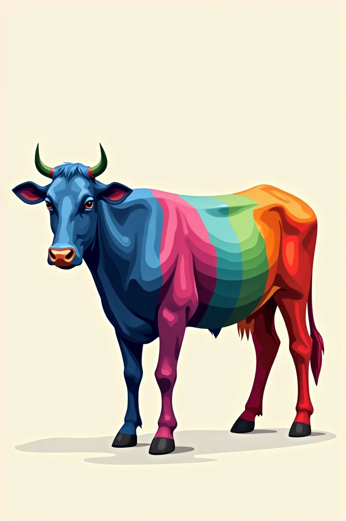 A cow painted in 5 different colors, each representing a value.,which have to be represented in the drawing being the colors:celeste:results orientation,red:commitment,green:sustainability,orange:innovation,purple:Recognition