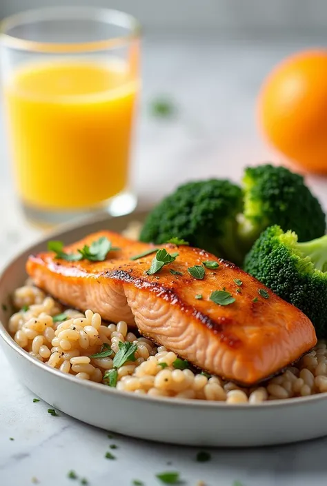 Baked salmon with brown rice and steamed broccoli with orange juice
