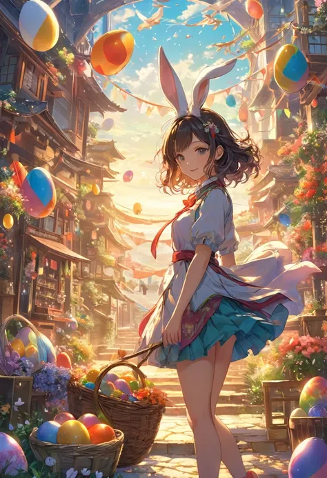 Breathtaking Anime Art by David A. Hardy, anime Key Visual, Behind, You can find it in the wide shot of the eastern, bunny, egg, holiday, Happy, She has a dainty dark rainbow pocket square, Super detailed, roller wave, Pixiv, Complex, A beautifully crafted...