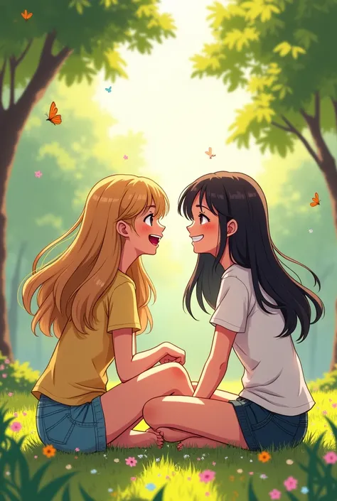 comic about 2 girls sitting in the park, talking,hugging and smiling