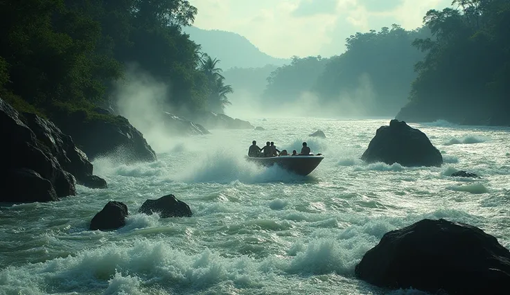 Dramatic shot of the Congo River’s powerful rapids, with swirling water and massive rocks creating a treacherous environment. Include a small boat struggling to navigate through the dangerous currents, and the lush African jungle in the background. The ima...