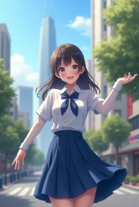 (Highest quality,High resolution), Meticulous shadows and highlights, school uniform, White shirt, Blue Skirt, , smile, (Upper Body), (Spread your arms out to the sides), Outdoor, city,Anatomically Correct Female