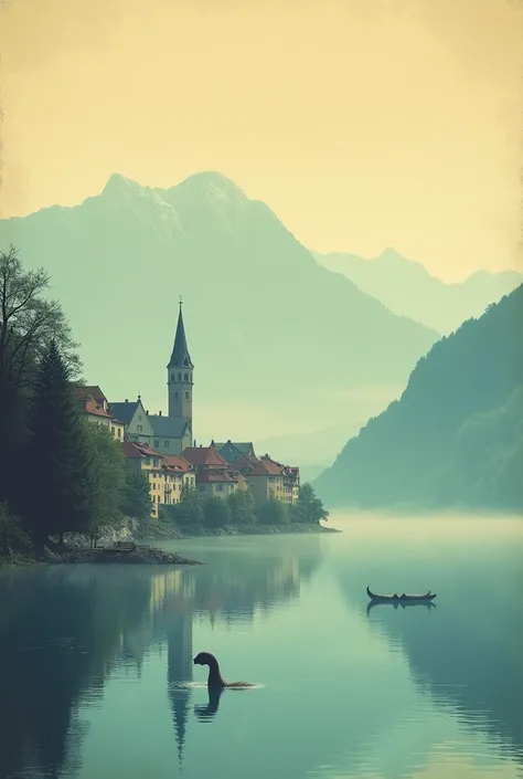 affiche ou poster vintage et rétro, ville dAnnecy au bord du lac, atmosphère brumeuse, tons de couleurs pastel doux, petite silhouette du monstre du Loch Ness sur le lac dissimulé dans la brume, lumière du petit matin, ne pas mettre décriture, ne pas mettr...