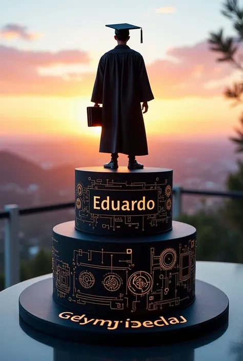 A two-tier cake in balcony and black with a degree systems engineer theme and that says engineer Eduardo 