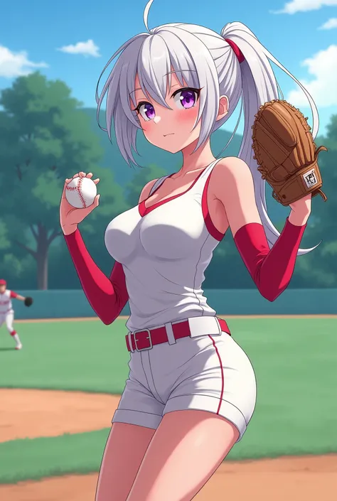 HD、Animation style、white hair 、Purple Eyes、girl、High school student 、single ponytail、Baseball player、light-colored sportswear、Long sleeve red underwear、plump breasts、pitching、Gloves、a baseball、Good shape