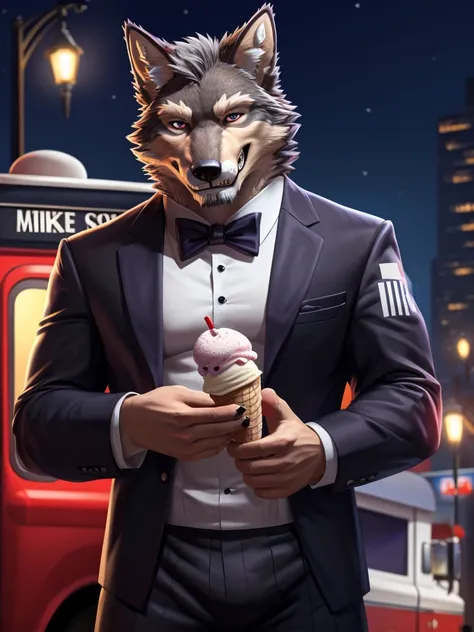 A robust guy, wolves head, gray hairs, Eyes red, wolves snout, sharped teeth, Wolves ears, evil smirk, Eyes red, ice cream man outfit, clawed fingers, wolves, ice cream man clothes, (quality: realistic HD) (scenario: night city red ice cream truck) (withou...