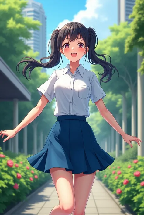 (Highest quality,High resolution),photograph,Meticulous shadows and highlights, school uniform, White shirt, Blue Skirt, , smile, (Upper Body), (Spread your arms out to the sides), Outdoor, city,Anatomically Correct Female,Twin tails,garden